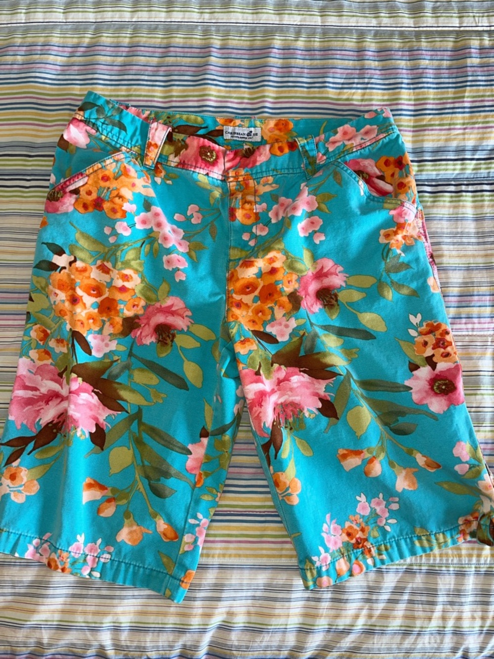 Caribbean Joe Turquoise Canvas Shorts with Orange & Pink Floral Print 10